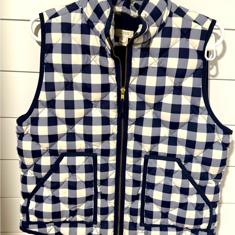 J Crew Navy Gingham Puffer Vest Large